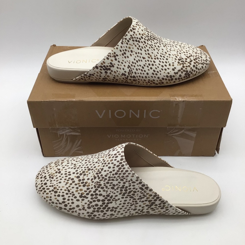 Vionic Opal Suede Mules Cream Animal Print Pointed Toe Flats Womens Size 8.5 NEW